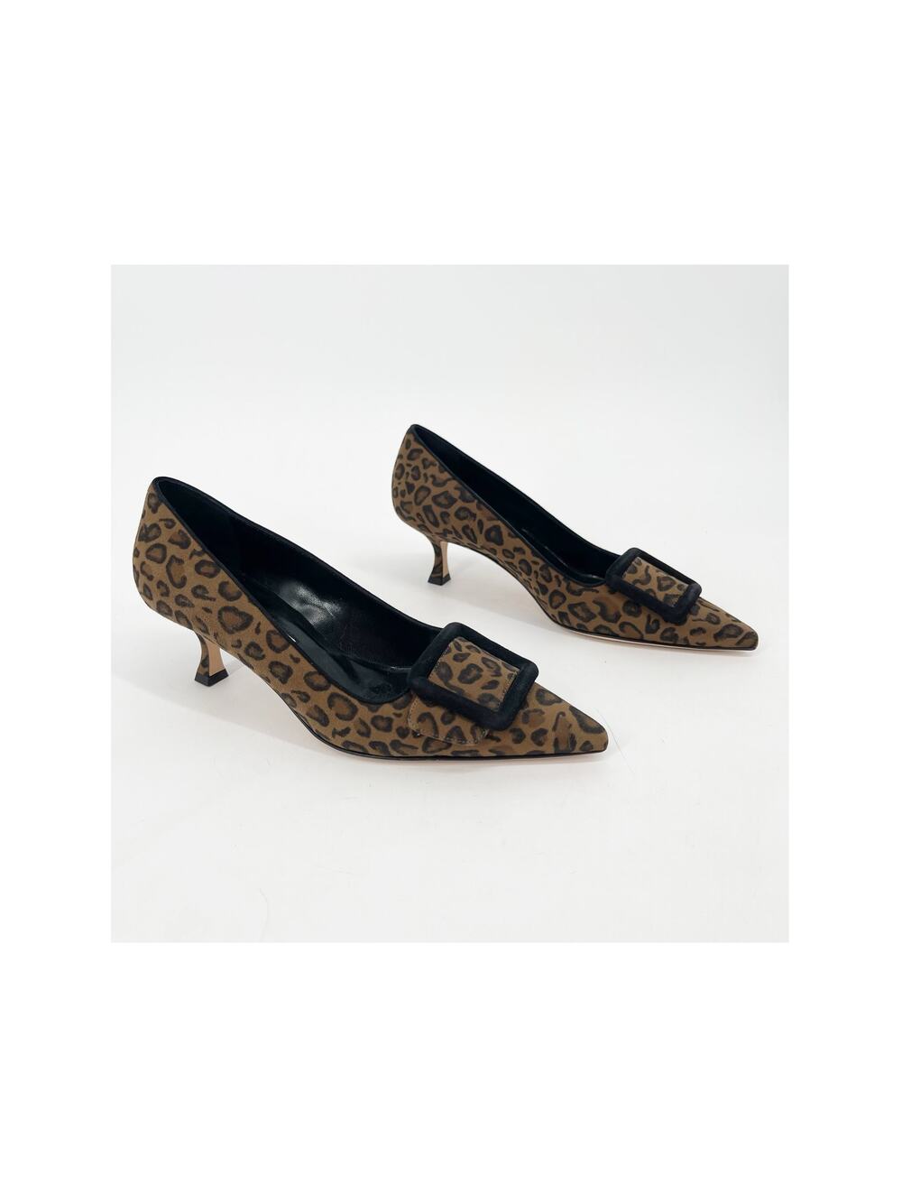 Manolo Blahnik Leopard Calfskin Suede Maysale Buckle Kitten Heel Pumps IT 39